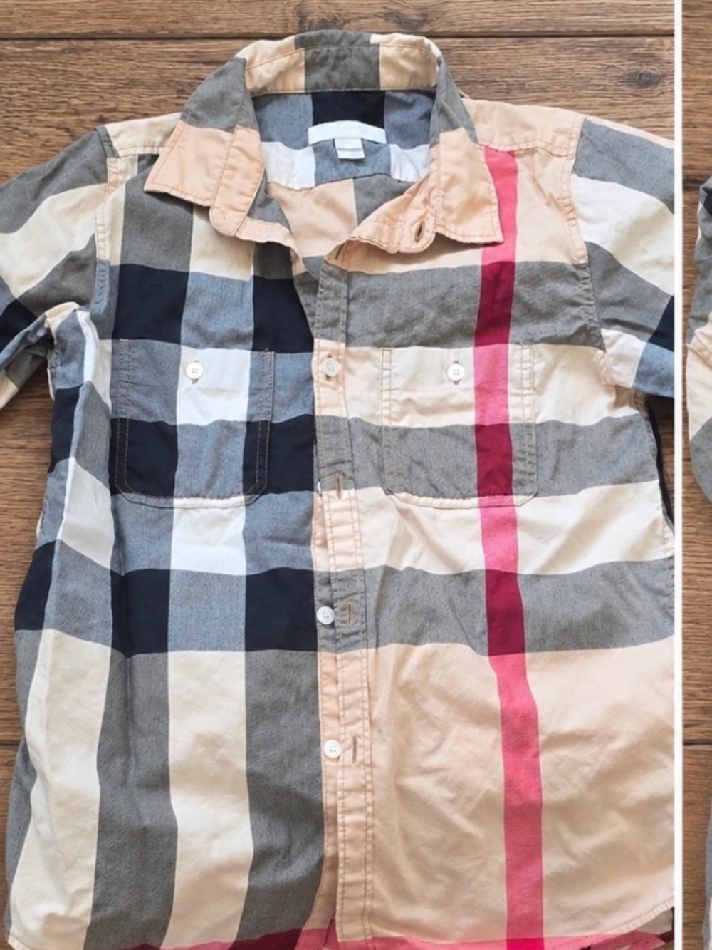 Burberry Beige, Gray and Pink Plaid Button-Down Shirt